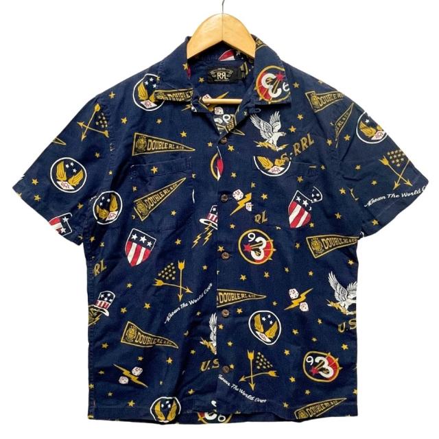 RRL ダブルアールエル Varsity Logo Vacation Shirt 総柄 リネン レーヨン アロハシャツ ネイビー サイズ S 正規品 / 40157