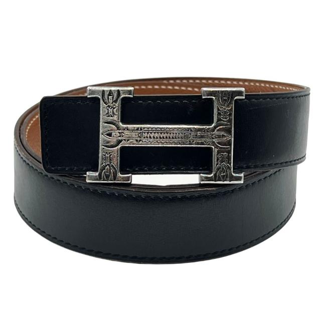 HERMES エルメス トゥアレグ シルバー925 バックル レザーベルト □G刻印 ブラック/ライトブラウン 80サイズ 正規品 / 40664