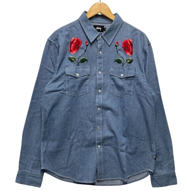 STUSSY ステューシー POPPY DENIM SHIRT 刺繍 デニムシャツ ライトブルー サイズL 正規品 / 51384