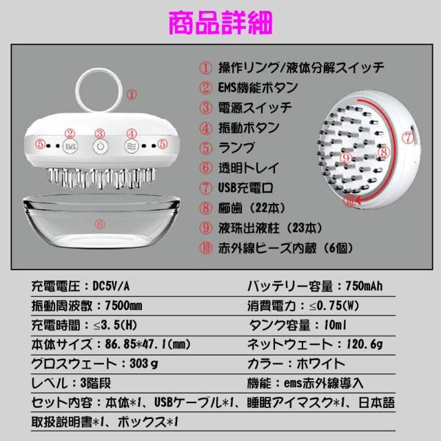 電動頭皮ブラシ 頭皮マッサージ器 ヘッドマッサージャー ハンディマッサージャー 頭皮 マッサージ ヘアケア USB充電 3レベル ストレス解消 睡眠・頭痛改善 不眠症 睡眠アイマスク付 ホワイト_6