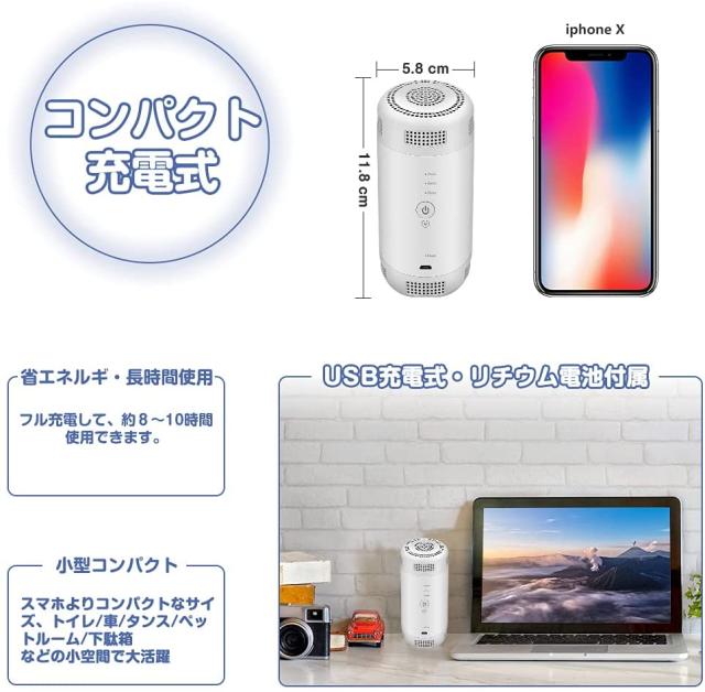 オゾン発生器 低濃度 0.1ppm ミニ空気清浄機 車載オゾン発生器 小型脱臭機 冷蔵庫-10℃対応 オゾン脱臭 99.98%殺菌 USB充電式 内蔵バッテリー 食物鮮度保持 6畳適用 定期的に消毒 花粉対策