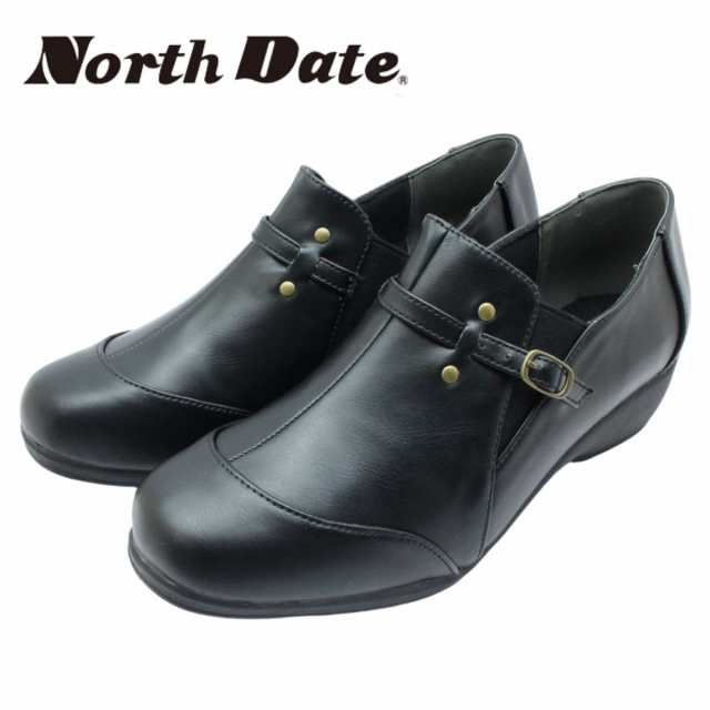 NORTH DATE ノースデイト レディース スリッポン シューズ 2452 3E 幅広 防滑 パンプス ウェッジソール ブラックの通販は