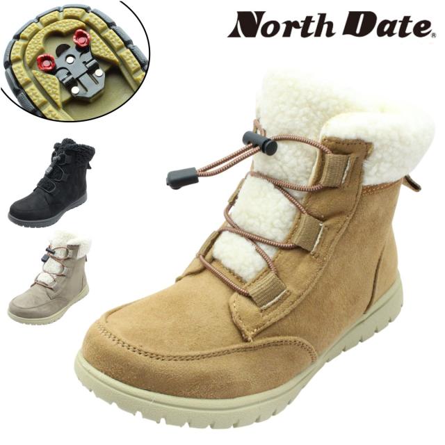 North Date ノースデイト レディース スパイク スノーブーツ 38044 ゴム紐 防寒 防滑 防水 ショートブーツ 靴 ダテハキ 北海道