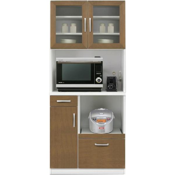 食器棚 レンジ台 オープンボード レンジボード ハイタイプ 幅80cm ガラス戸 開き戸 2口コンセント付き 茶色 木製 おしゃれ ブラウン　国産　日本製　71094の通販は