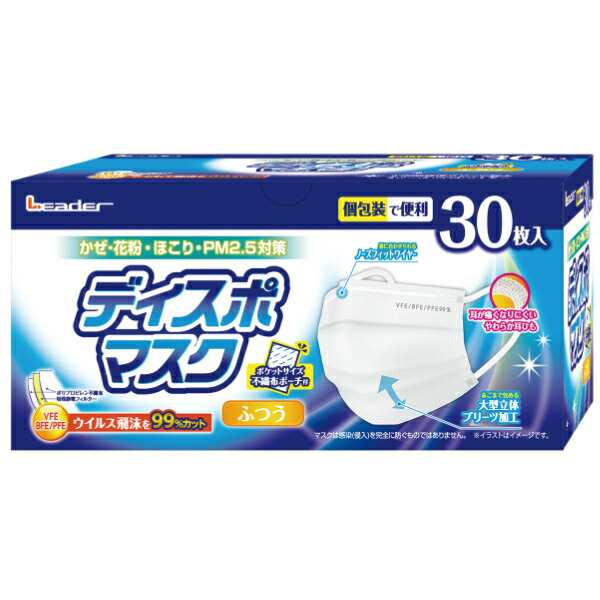 【３０個セット】【１ケース分】 【個包装】 リーダー ディスポマスク ふつうサイズ 30枚入×３０個セット　１ケース分　【ns】の通販は