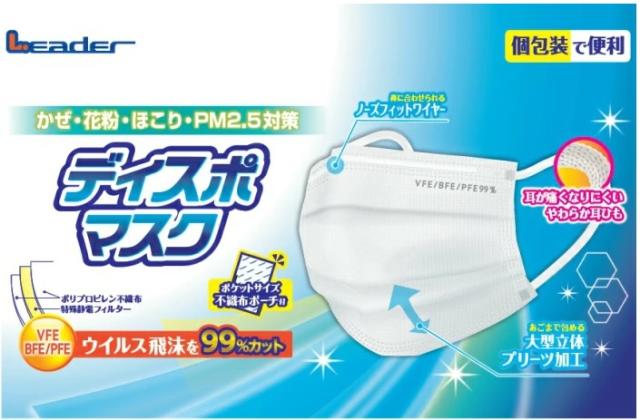 【３０個セット】【１ケース分】 【個包装】 リーダー ディスポマスク ふつうサイズ 30枚入×３０個セット　１ケース分　【ns】_1