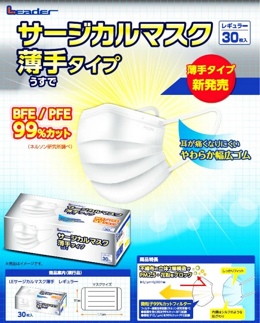 【６０個セット】【１ケース分】 リーダー サージカルマスク 薄手タイプ レギュラー 30枚入×６０個セット　１ケース分　【ns】_1