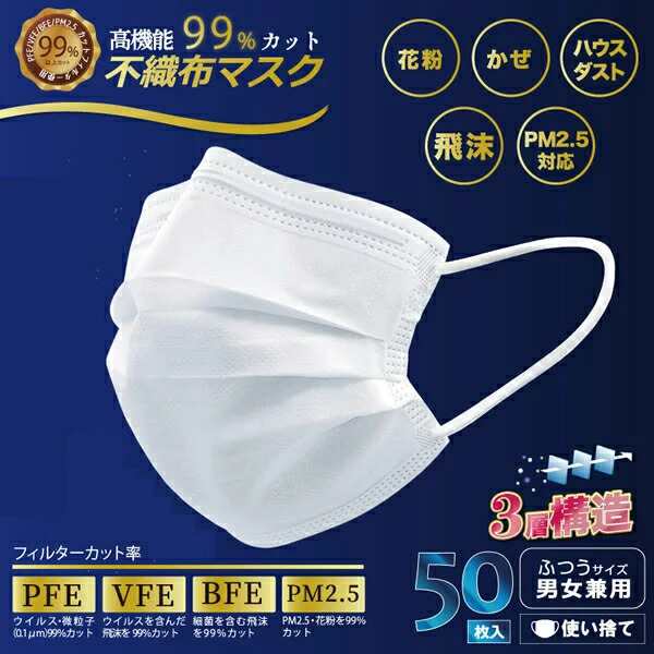 【５０箱セット】【１ケース分】ヒロコーポレーション VFE取得 高機能99％カット ふつうサイズ 不織布マスク （ホワイト） ５０枚入 ×５０箱セット　１ケース分の通販は