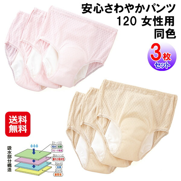 【安心さわやかパンツ120 女性用 同色3枚組】【送料無料】 軽失禁パンツ 尿漏れパンツ 女性 大容量 吸水量120cc M L LL サイズ 吸水 失禁ショーツ 婦人 ショーツ 失禁 シニア 介護 尿漏れ パンツ レディース 下着 綿100％ 日本製 dap