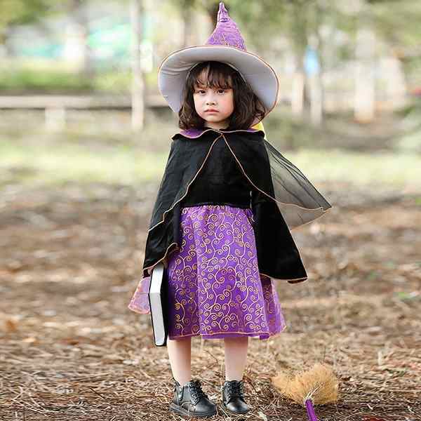 ハロウィン コスプレ 子供 魔女 コスプレ 衣装 紫 帽子付き 150