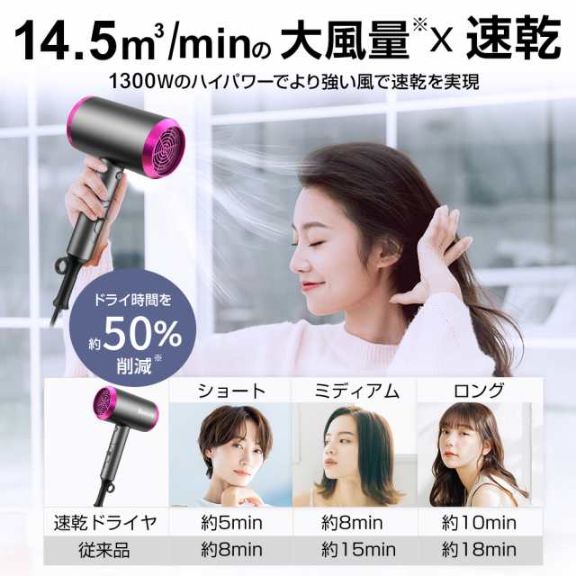 ヘアドライヤー 大風量 軽量 速乾 マイナスイオン 1300W ハイパワー 