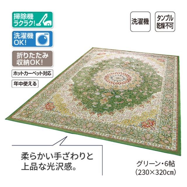 【直送】 撥水機能付き ペルシャ調 洗えるカーペット 〈ティアラ〉 6帖 (230×320cm) - 撥水 加工 ラグ マット ペルシャ絨毯風 ペルシャ 絨毯 ペルシャ柄 柄 オリエンタル カーペット ゴージャス 6畳 グリーン エンジ ベージュ 230865_1