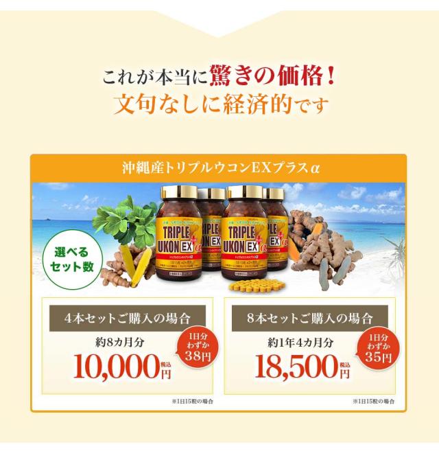 沖縄産 トリプルウコン EX プラスα 4本セット （1本1000粒約2カ月分） サプリ ウコン 春ウコン 紫ウコン 秋ウコン シークヮーサー ゴーヤ クルクミン ポリフェノール 米ぬか 長命草 健康 お酒 対策 予防 栄養 補給 沖縄産 日本直販 サプリメント 日本製 日本直販オリジナル_8