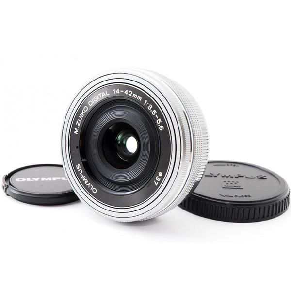 【中古】オリンパス OLYMPUS M.Zuiko Digital 14-42mm f/3.5-5.6 EZ ED シルバー 美品 前後キャップ付き