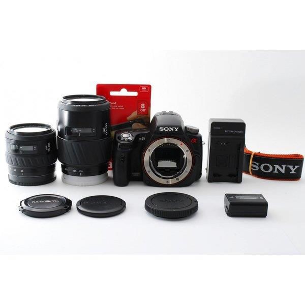 中古】ソニー SONY α55 SLT-A55 標準&望遠ダブルズームセット 美品 SDカードストラップ付き - デジタル一眼レフ