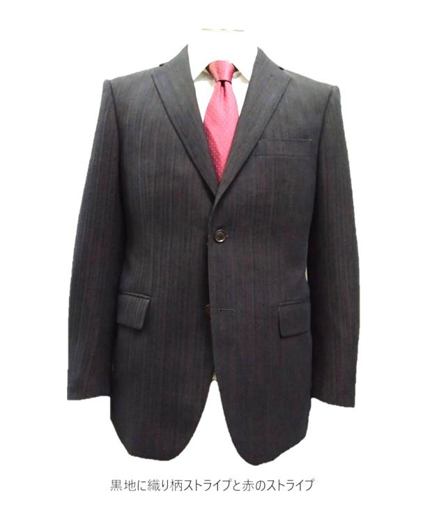 メンズ ビジネス クラシックスーツ やや細身のシルエット 秋冬 Ａ体 AB体  紳士服 2つボタン ノータック  黒地に織り柄ストライプと赤のストライプ 13572 581