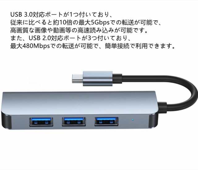 USBハブ 3.0 type-c type-a usb3.0 4ポート タイプC タイプA 薄型 スマホ充電 給電 軽量設計 usbポート USB拡張  接続 コンパクト 4in1 高速 Macbook Windows