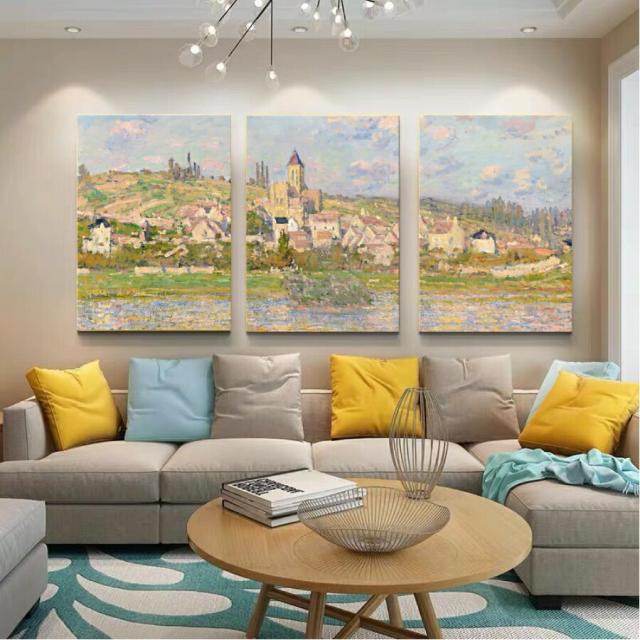 クロード・モネ ヴェトゥイユ 3枚セット 油絵 風景画 壁掛け 名画 ファブリック パネル オシャレ インテリア アートパネル リビング プレゼント 送料無料