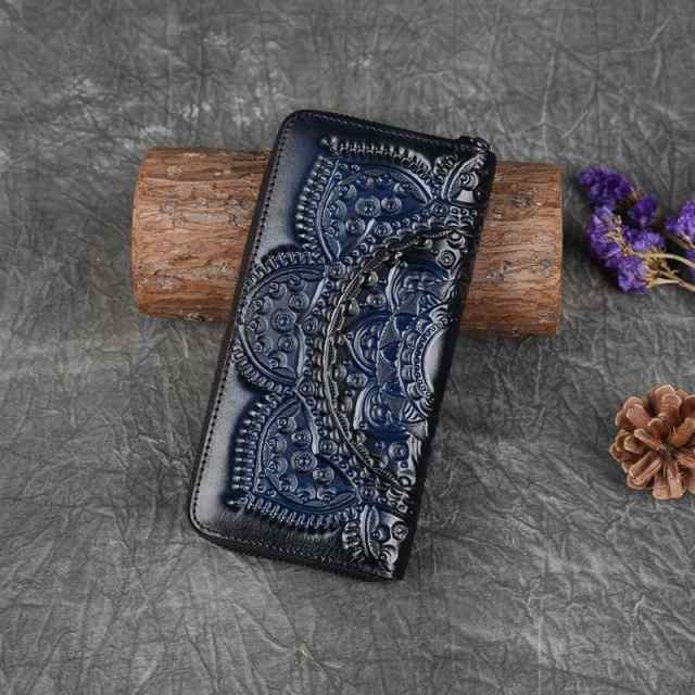 美品 ハンドメイド 花柄彫刻 レザー長財布