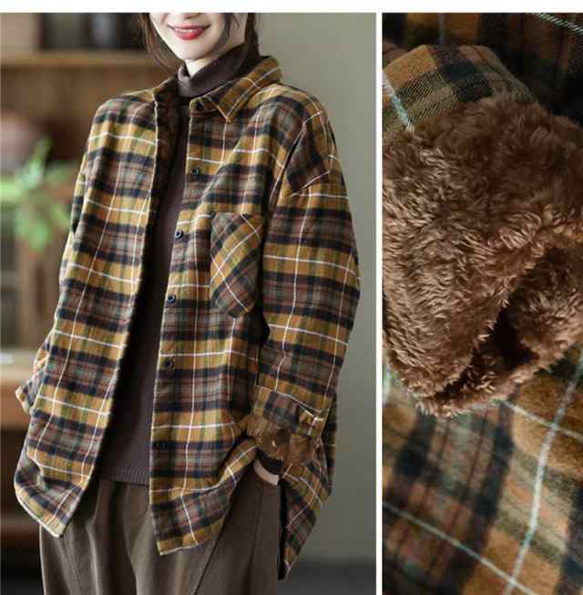 裏起毛シャツ 防寒 レディース 秋冬 冬服 チェックシャツ 大きい