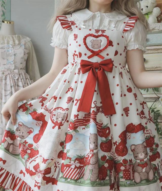 ロリータ服 ロリィタ ファッション 甘ロリータ ワンピース ジャンパースカート 苺柄 ハート クマ カジュロリ リボン フリル ゆめかわいいの通販はau Pay マーケット Alice Doll