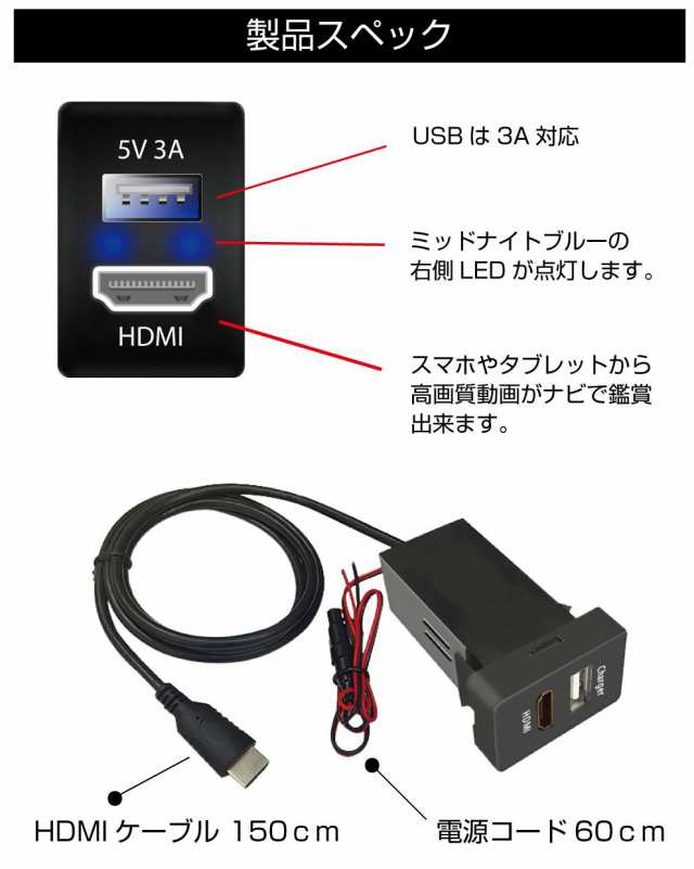 USB 充電 ポート USBポート 増設 車 usbポート 急速充電 埋込 LED HDMI 接続 映像 動画 ミラーリング 増設電源トヨタ車系  T01タイプ スイの通販はau PAY マーケット - キャラッツ | au PAY マーケット－通販サイト