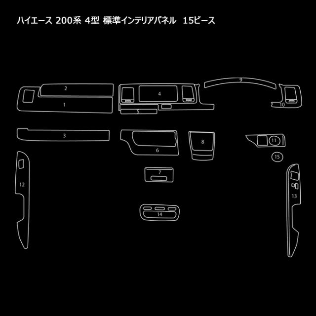 200系 ハイエース 4型 5型 6型 標準 ピアノブラック 3D インテリアパネル 15Pセット 内装 カスタムパーツ トヨタ インパネ ナロー_3