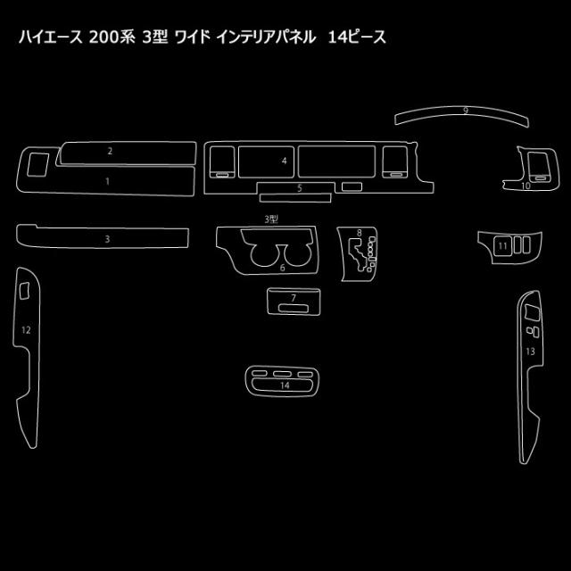 200系 ハイエース 3型 ワイド インテリアパネル ピアノブラック 14P