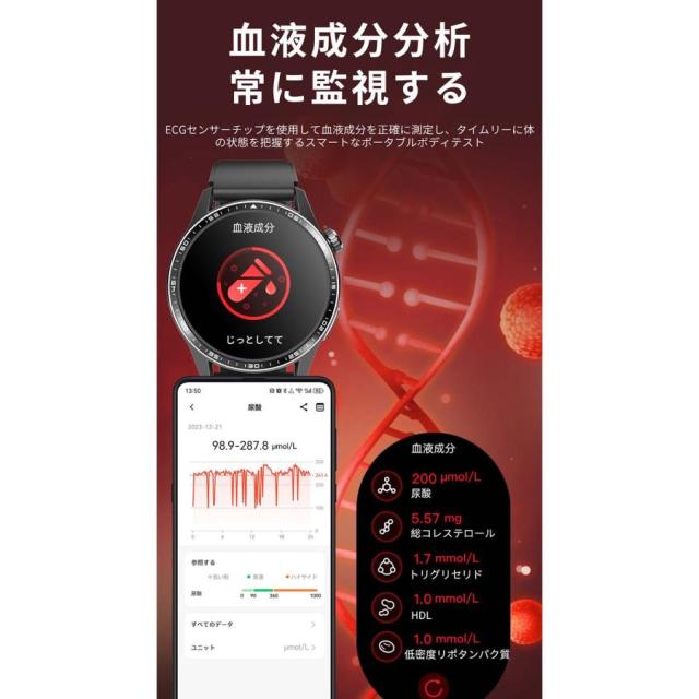スマートウォッチ 日本製センサー 血糖値 通話機能 心電図 血圧測定 酸素濃度 体温測定 心拍数 着信通知 睡眠監測 SOS機能 尿酸 血中脂質 長座注意 活動量計_16