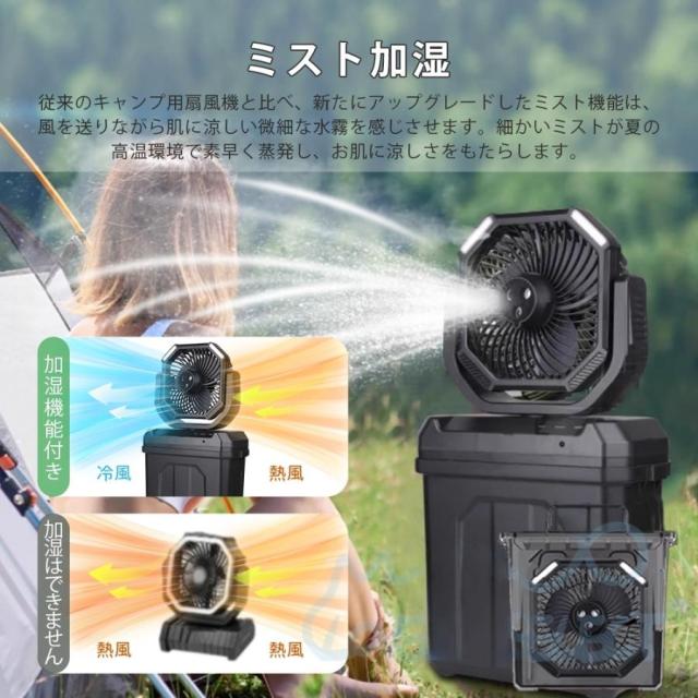 ミストファン アウトドア 扇風機 風量4段階調節 20000mAh 大容量 噴霧機能 自動首振り 強力送風 LEDライト 充電式 分離式 6L水タンク リモコン付き 省エネ 防災_3
