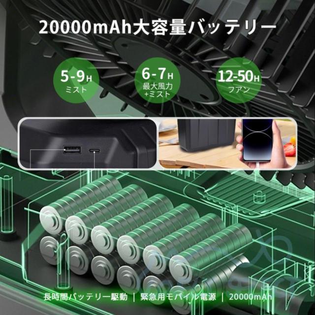 ミストファン アウトドア 扇風機 風量4段階調節 20000mAh 大容量 噴霧機能 自動首振り 強力送風 LEDライト 充電式 分離式 6L水タンク リモコン付き 省エネ 防災_8
