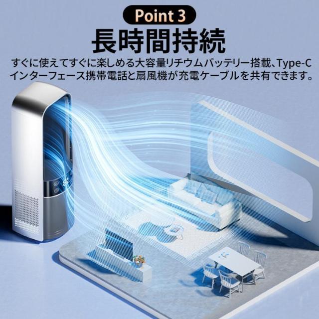 扇風機 羽根なし タワーファン 卓上扇風機 リビング扇風機 LED付き 首振り 1台２役 大風量 静音 USB給電式 おしゃれ 省エネ 空気循環 速冷 軽量 足元 熱中症対策_3