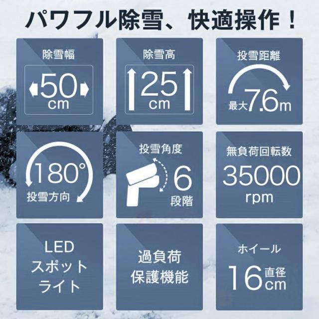 電動除雪機 除雪機 コードレス 充電式 手押し式除雪機 除雪高25cm 除雪幅50cm 小型 家庭用 LEDライト 除雪器具 軽量 女性 便利 バッテリー2個付属_2