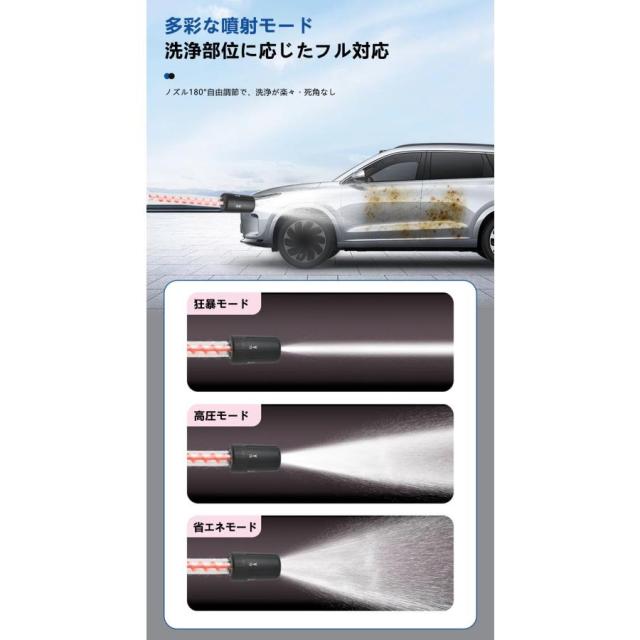 高圧洗浄機 コードレス 充電式 小型 ブラシレスモータ搭載 コンパクト洗浄機 5in1多機能ノズル 強力噴射 軽量 段階調整 LED残量表示 大掃除 家庭用_9