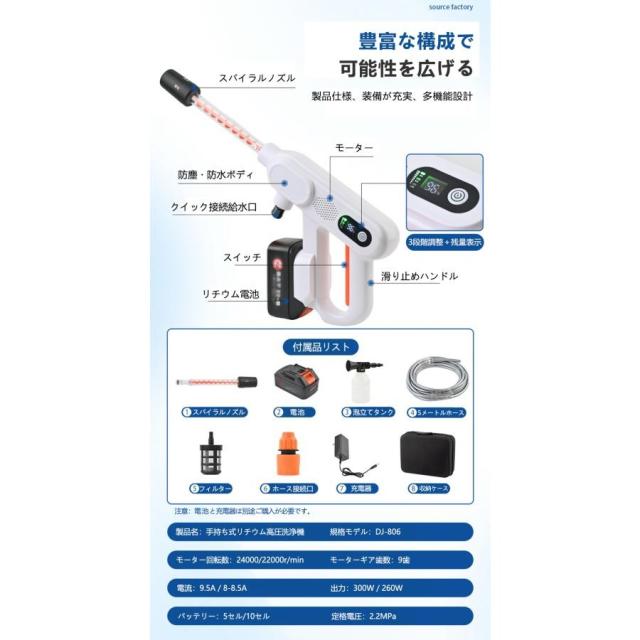 高圧洗浄機 コードレス 充電式 小型 ブラシレスモータ搭載 コンパクト洗浄機 5in1多機能ノズル 強力噴射 軽量 段階調整 LED残量表示 大掃除 家庭用_2