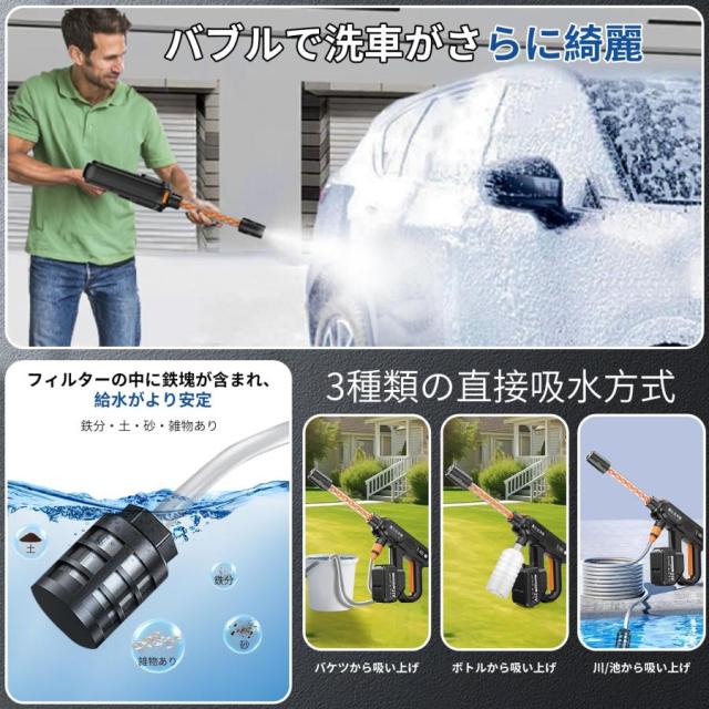 高圧洗浄機 コードレス 充電式 小型 ブラシレスモータ搭載 コンパクト洗浄機 5in1多機能ノズル 強力噴射 軽量 段階調整 LED残量表示 大掃除 家庭用_6