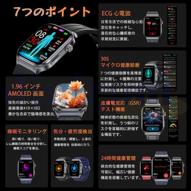 スマートウォッチ 健康-測定 ECG心電図 血液成分 マイクロ検診 bluetooth5.3通話 体温心拍数 血中酸素 音楽制御 血圧 気分検測 睡眠監視 歩数計_1