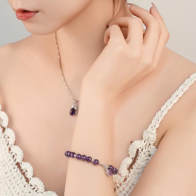ブレスレット アメジスト ジェムストーン クローバーブレスレット シルバー925 韓国アクセサリー