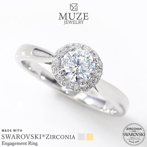 MUZE JEWELRY 指輪 SWAROVSKI 直径5mm（0.65ct相当） プラチナ仕上げ オーダーメイド プラチナ仕上げ K18ゴールド仕上げ エンゲージリング 婚約指輪 ストレートライン ウェーブライン スワロフスキーリング 一粒 プロポーズ サプライズ  記念 made in japan 刻印 名入れの通販は 14,900円