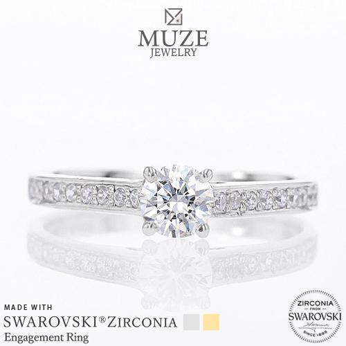 MUZE JEWELRY SWAROVSKI 直径4.5mm（0.33ct相当） プラチナ仕上げ オーダーメイド プラチナ仕上げ K18ゴールド仕上げ エンゲージリング 婚約指輪 スワロフスキーリング 一粒 プロポーズ サプライズ  記念 made in japan 刻印 名入れの通販は