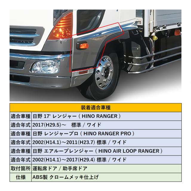 日野 レンジャープロ メッキ サイド ドア ガーニッシュ 貼り付け