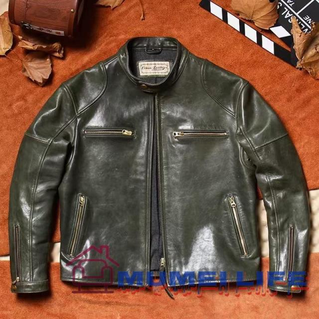 進口 馬の皮 ジャケット 男性用コート 立て襟のスリムフィット ショートレザー ライディングレザージャケット ダークグリーン色ですの通販は