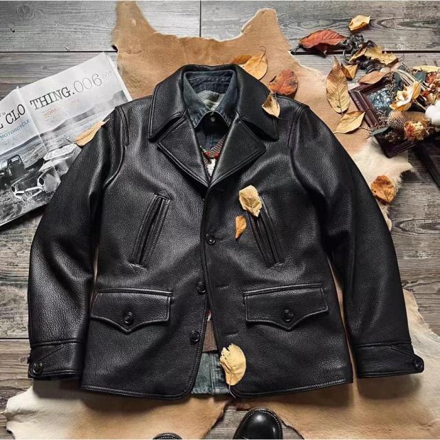 新品 復刻20's スイッチヤードコート レザージャケット ブラック カーコート ワークコート ブレーキマン シカ革