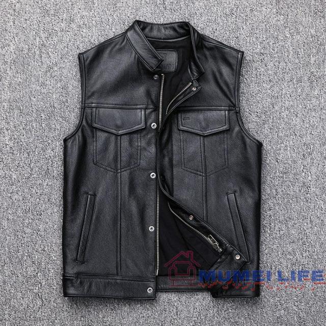 》秋新作モデル、初層牛革バイクバイクベスト、メンズ本革ノースリーブレザージャケット《の通販は