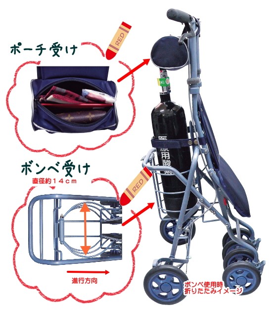 島製作所 サニー酸素ボンベカー 酸素ボンベを積んで走るシルバーカーが登場！直径11.4×長さ50cm（目安）のボンベ使用可能。ポーチは小物入れに。座面のみ折りたたみ可能　お洒落なシルバーカー【送料無料】 介護 福祉 サービス 高齢 者 デイ サービス シニア_1