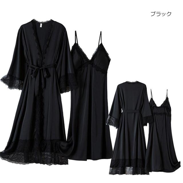 ナイトガウン ドレス パジャマ 黒 ブラック 羽根 フェザー バックレス ストラップ サテン レディース 女性 スリップ ランジェリー Vネック ネグリジェ サテン ロング