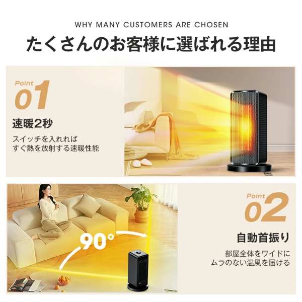 セラミックヒーター 自動首振り 小型 足元 ヒーター 1200W 2秒速暖 大 