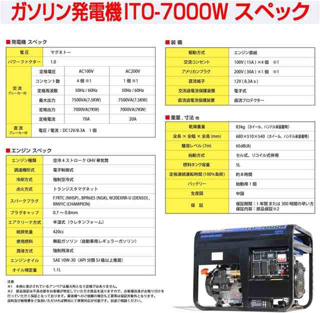 三相200V/20A出力 発電機 ITO-7000W AC100V/15A DC12V/8.3A 定格電流