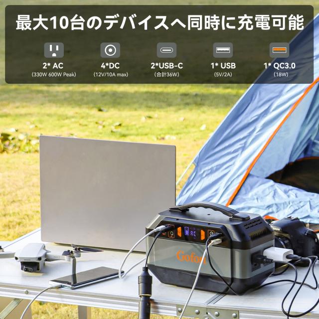 Gofort ポータブル電源 330W 大容量 80850mAh 瞬間最大600W 家庭用 蓄電池 ポータブルバッテリー 充電器 急速充電 純正弦波 防災 アウトドア キャンプ 停電 災害