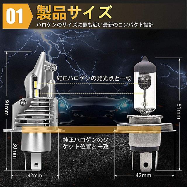 H4 LED 前照灯 2個入 HI/LO 新標準尺度車検相応う 車/自動二輪車用 60W(30W*2) 16000LM(8000LM*2) 12V LED弁膜